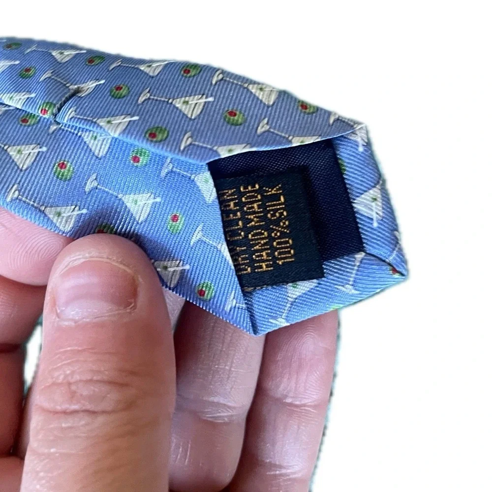 Vintage Silk Tie Light Blue Martini Glass Olive Cocktail Party Necktie Fun Funky